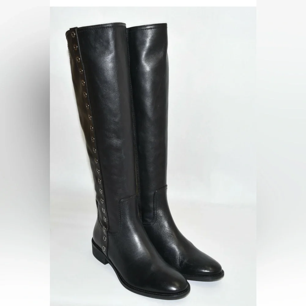 Michael Kors Dora Grommet Eyelets Tall Riding Boots Leather Equestrian Black